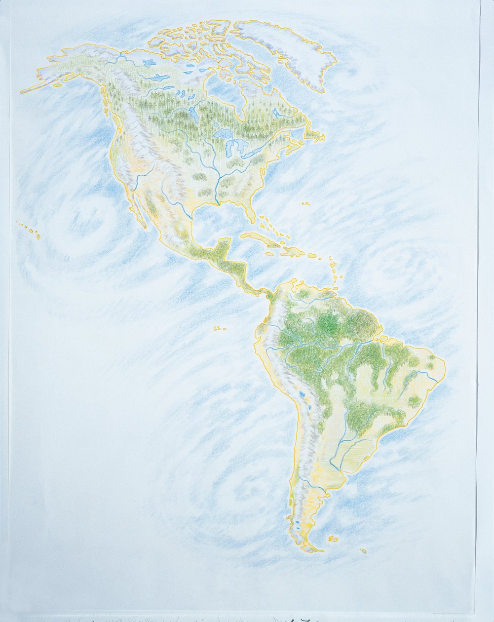 アメリカの物理地図（カラーリトグラフ 作： 学校イタリア語