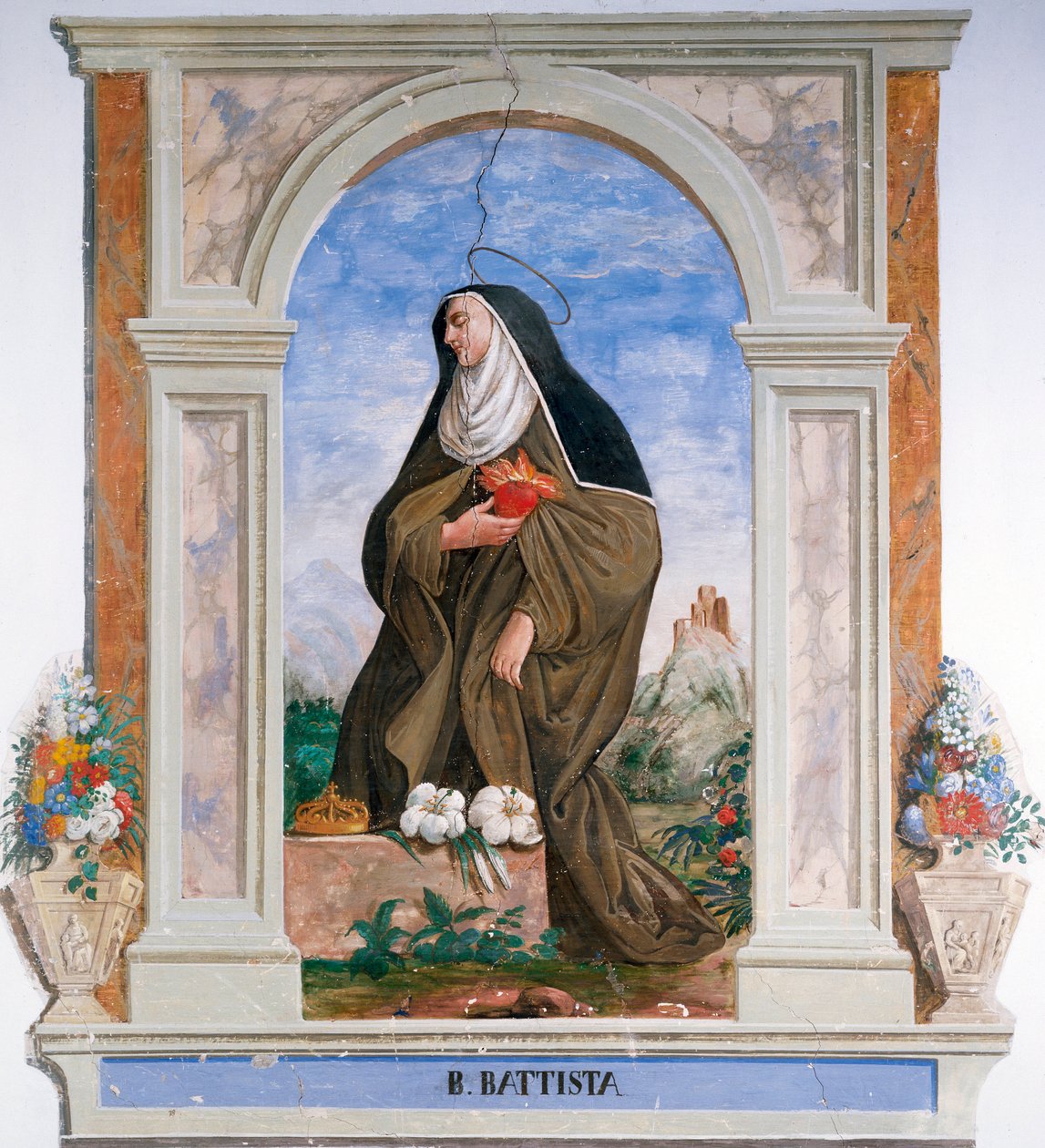 カミラ・バッティスタ・ダ・ヴァラーノ（1458-1524）の表現 無名のフレスコ画。カメリーノ、サンタ・キアラ修道院（イタリア 作： 学校イタリア語