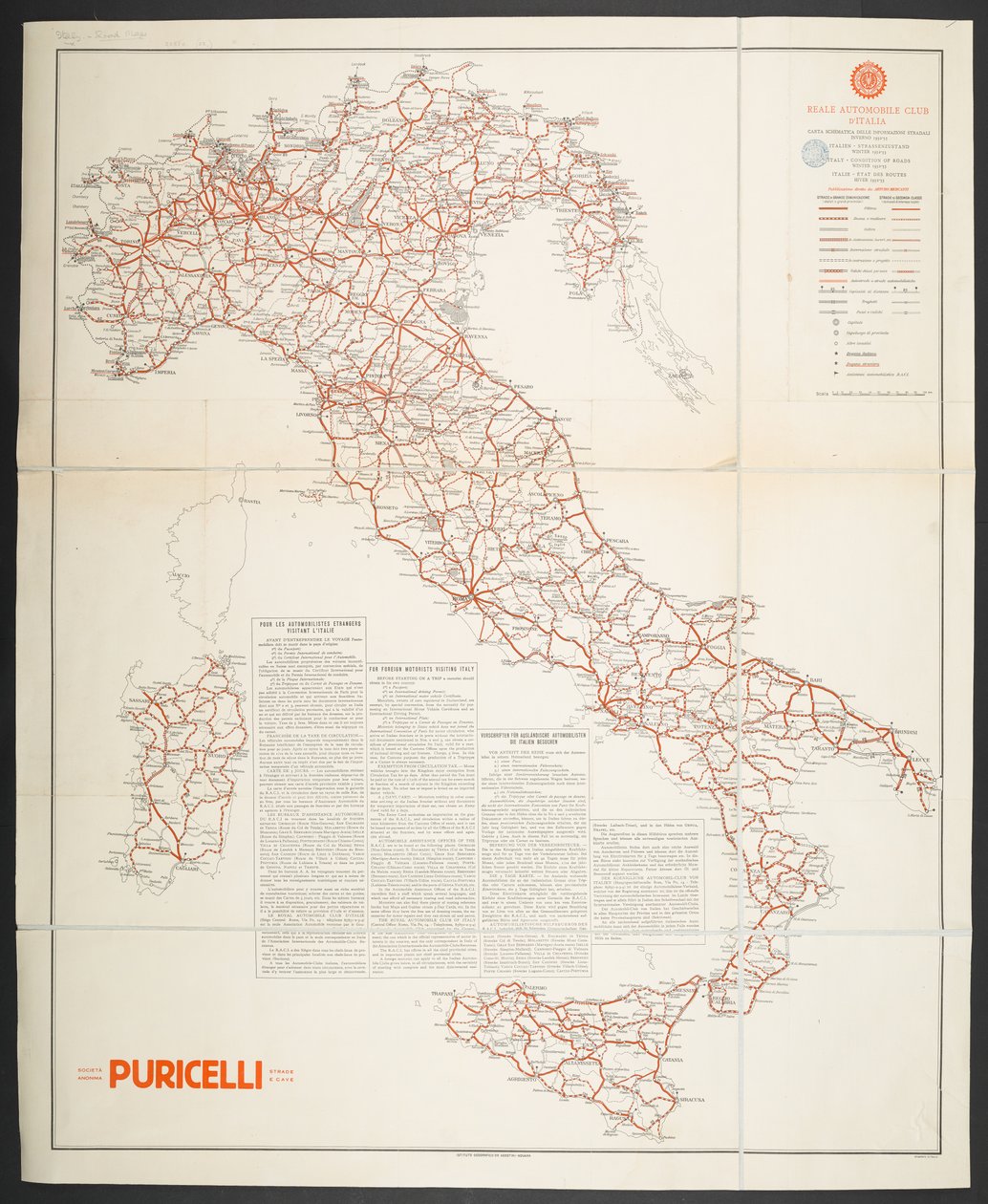 イタリアの道路地図「1932～33年冬の道路案内図」 作： 学校イタリア語