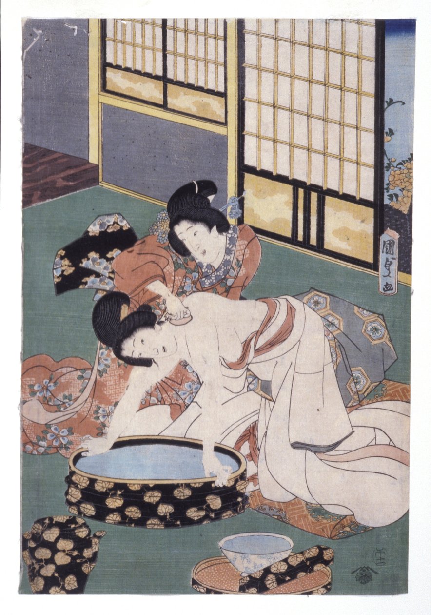 コンパニオン ワイピング パウダー オフ 女性の首と肩 (カラー木版画) 作： 学校日本語