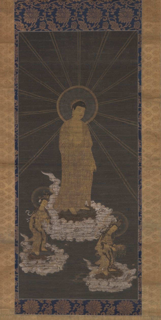 阿弥陀の降臨、または来郷、室町時代 c.1333-1568 (布にインク) 作： 学校日本語
