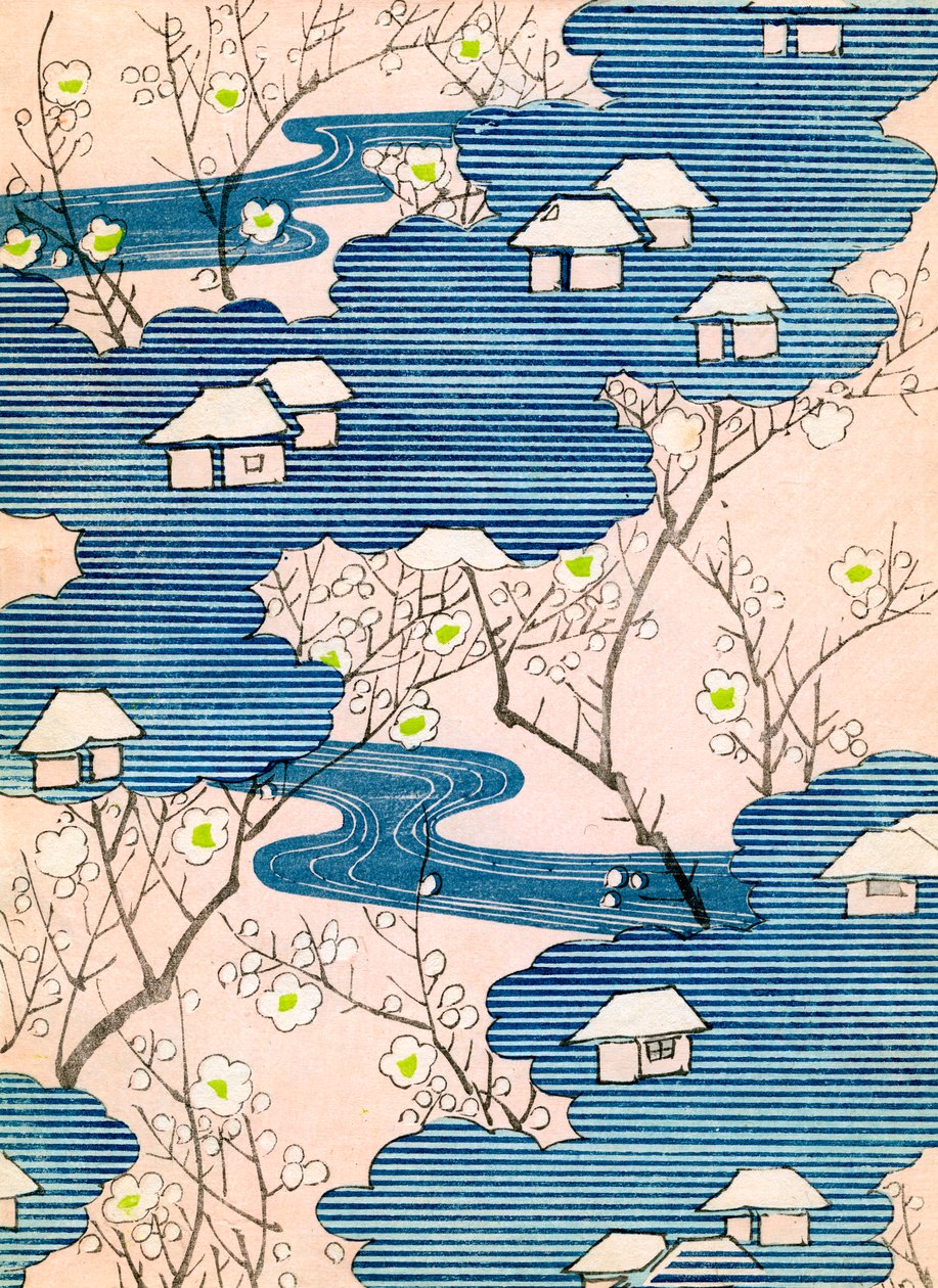 着物デザインのパターン：川と桜のあるコテージ 1900年頃（錦絵） 作： 学校日本語