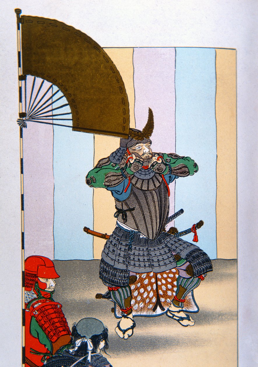 昔の日本の侍。1600年、関ヶ原の戦いの後の徳川家康（カラーリトグラフ 作： 学校日本語