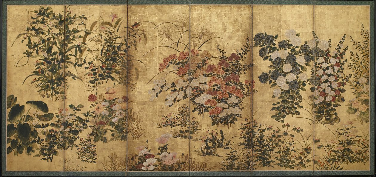 夏と秋の花、江戸時代（紙に金をかぶった色） 作： 日本語学校