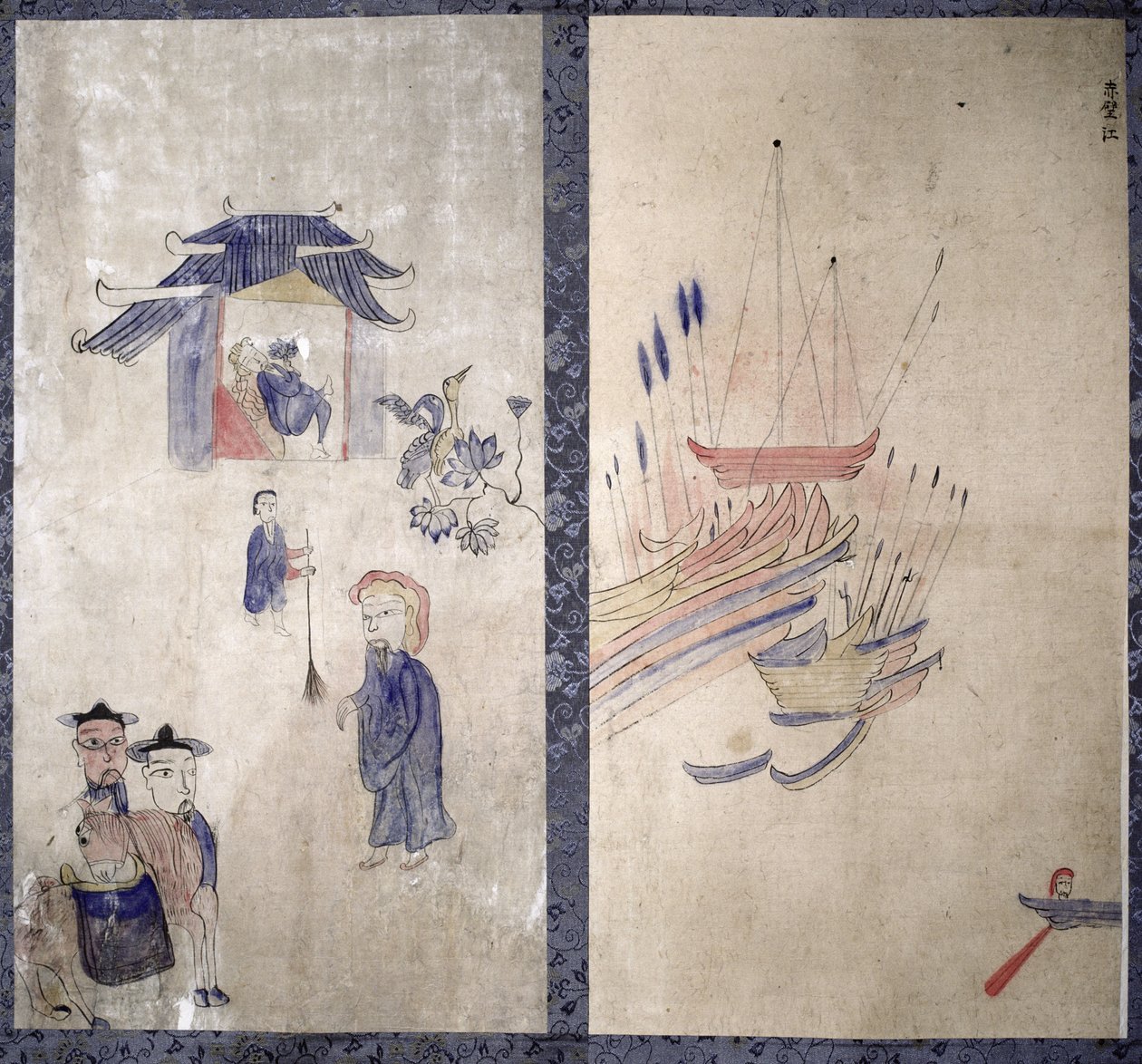 三国志を描いた八曲一双のパネル（紙に天然顔料） 作： 学校韓国語