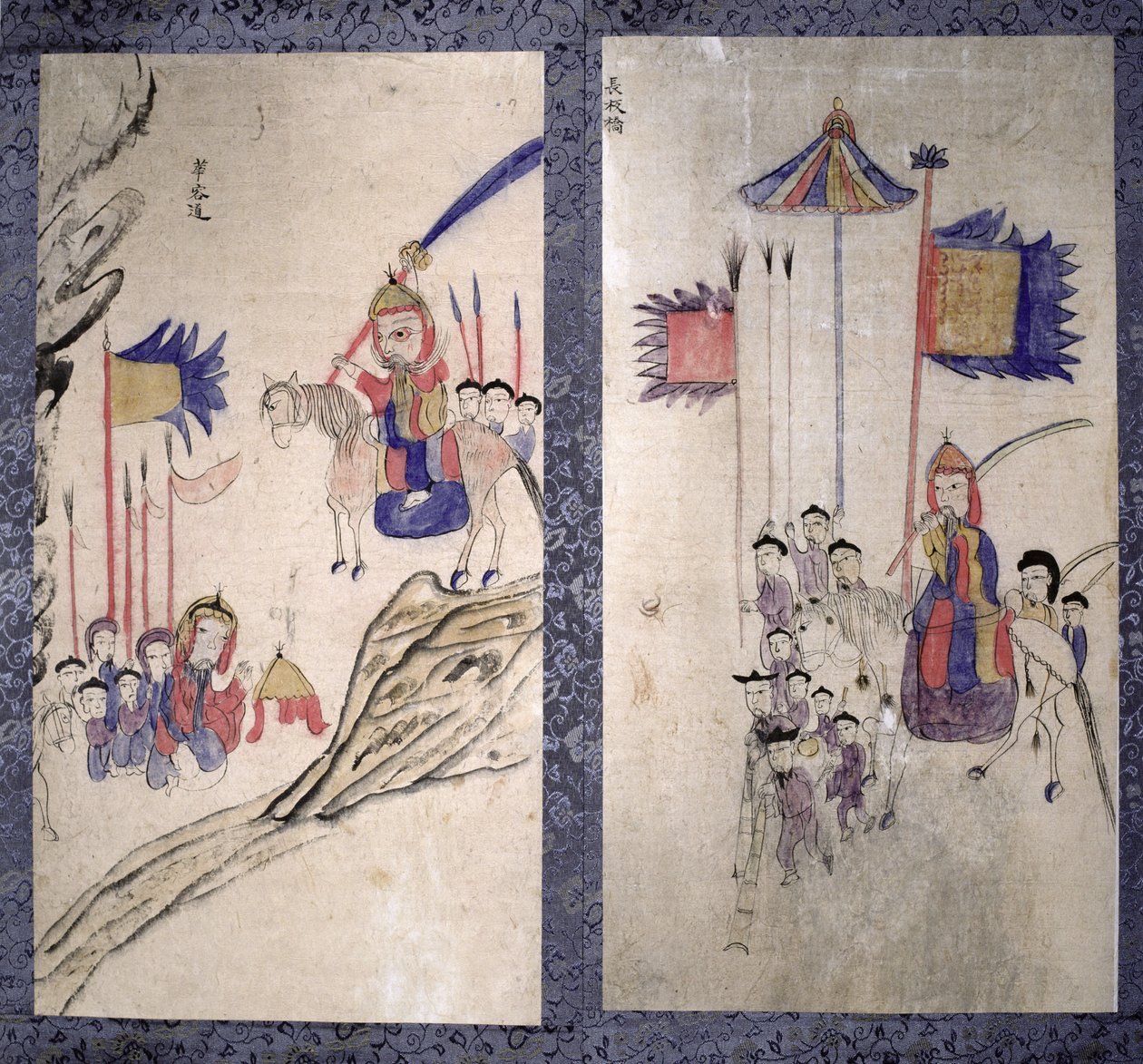 三国志を描いた八曲一双のパネル（紙に天然顔料） 作： 学校韓国語