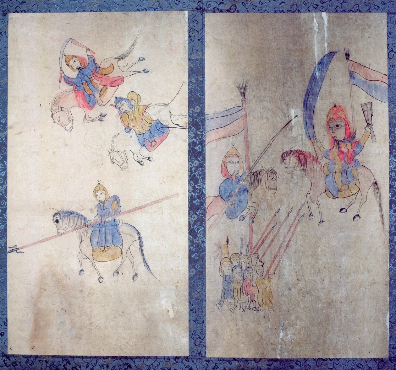 三国志を描いた八曲一双のパネル（紙に天然顔料） 作： 学校韓国語