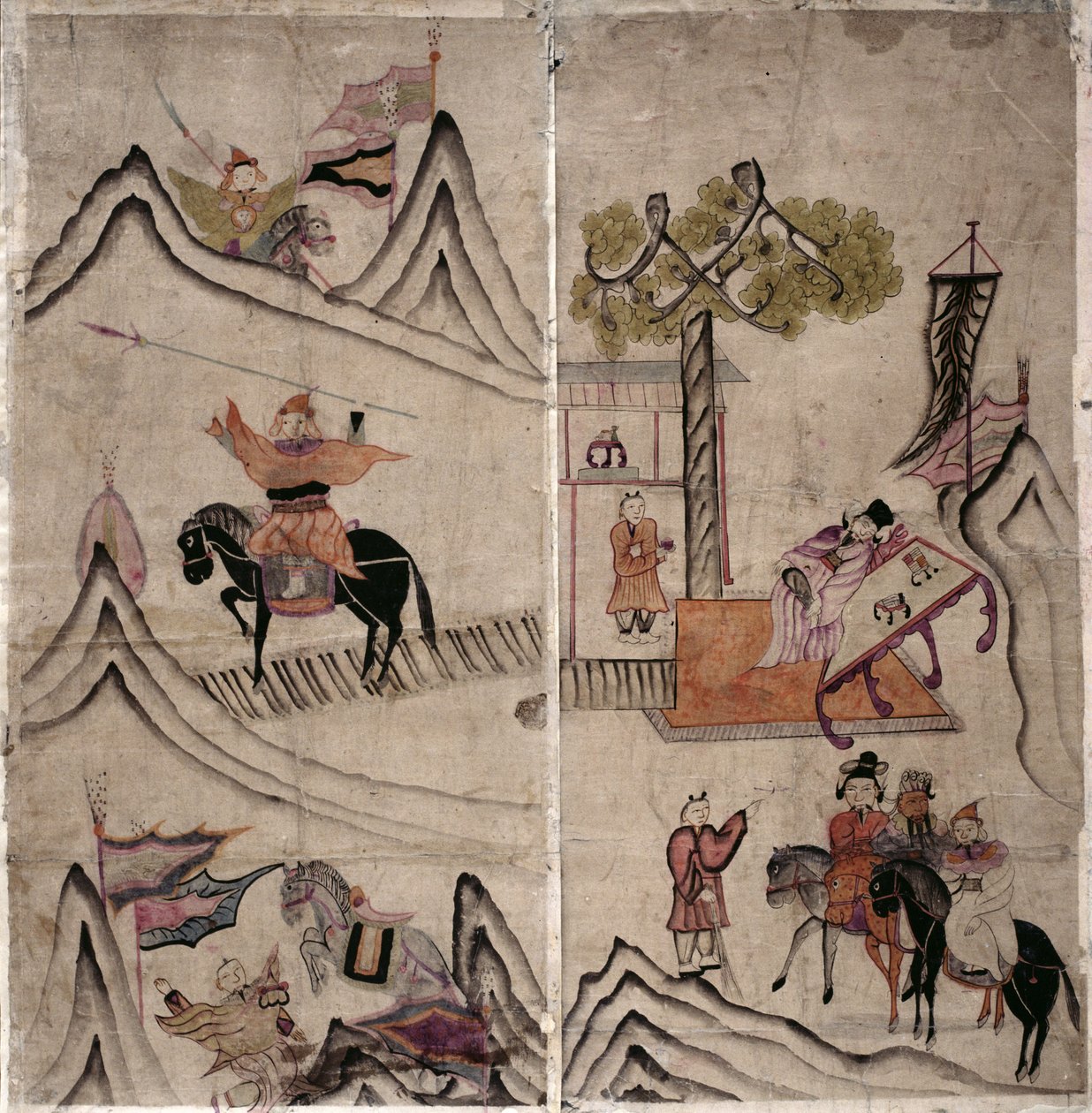 三国志」を描いた八曲一双の屏風2面（紙に天然顔料） 作： 学校韓国語