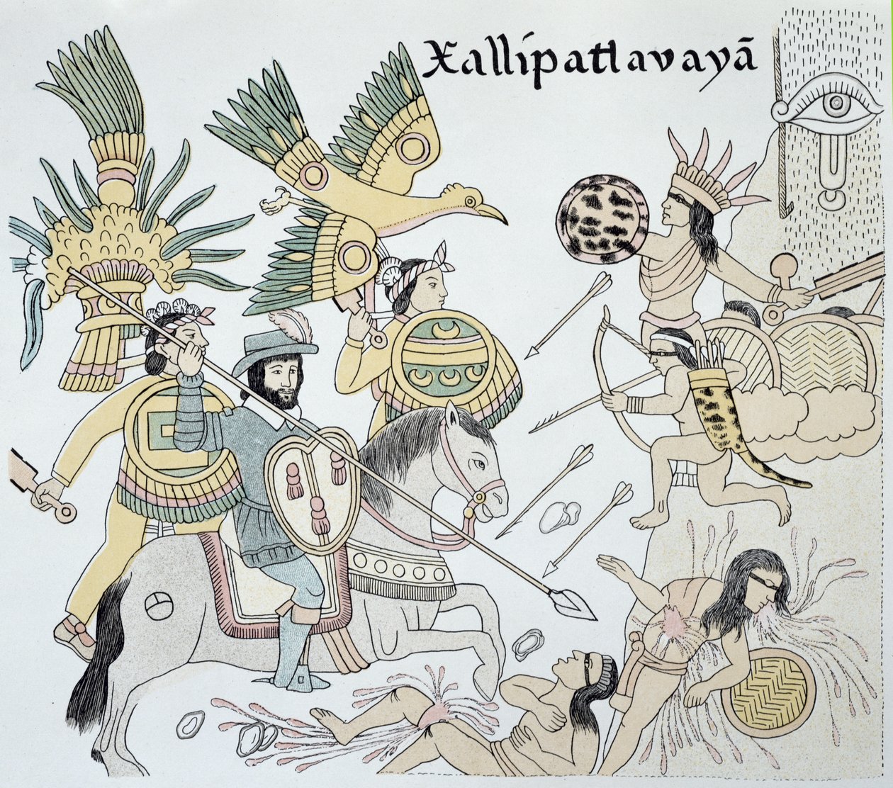サリパトラバヤの戦いにおけるスペイン人とアステカ人の戦い（1550年頃のメキシコ・インディアン絵巻「Lienzo de Tlaxcala」の複製図より 作： 学校メキシコ人