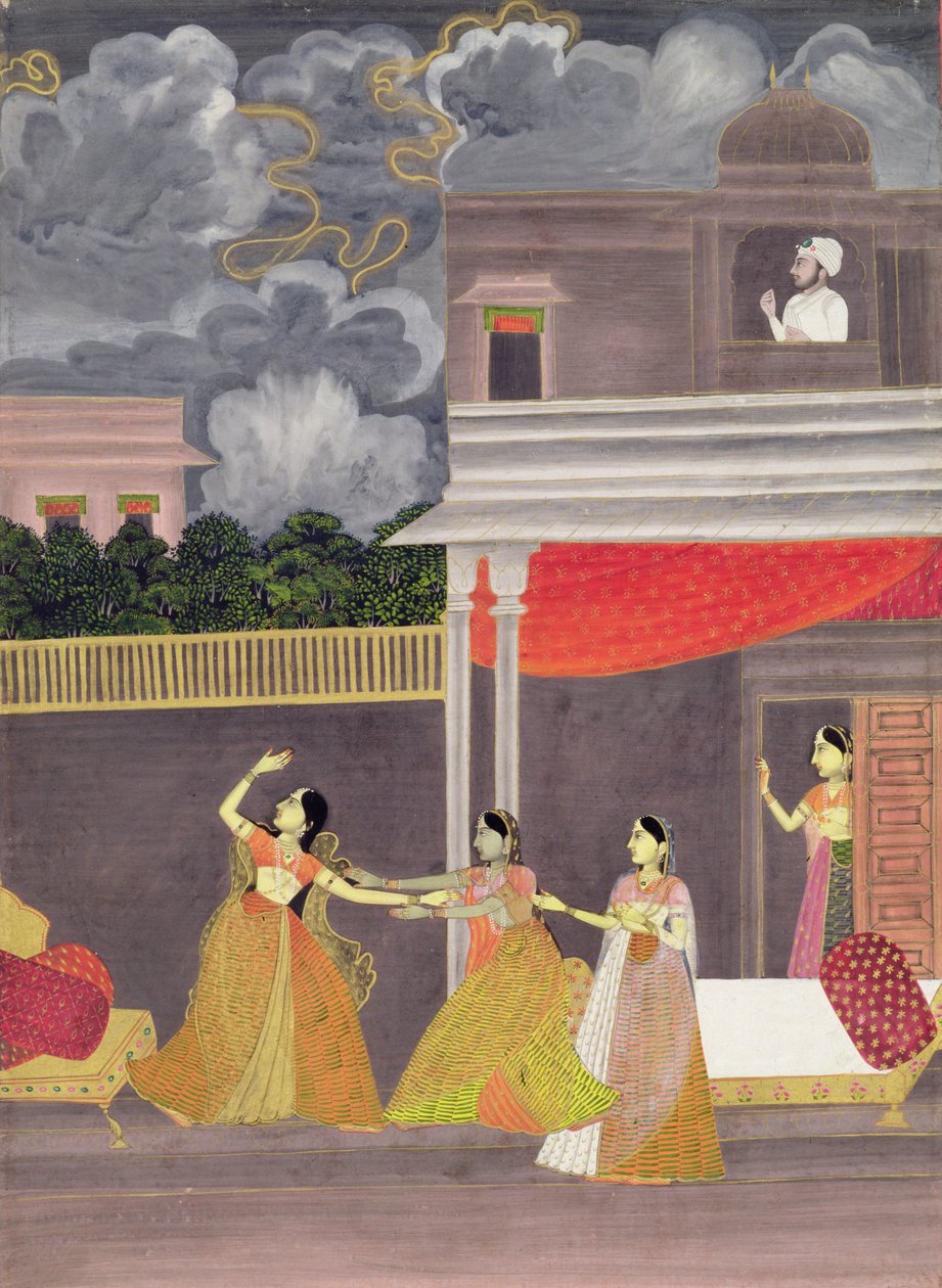 夜の嵐の中から連れてこられた女性：音楽モード「マドゥ・マダヴィ」のイラスト、1760年頃（紙にガッシュ 作： ムガール学校