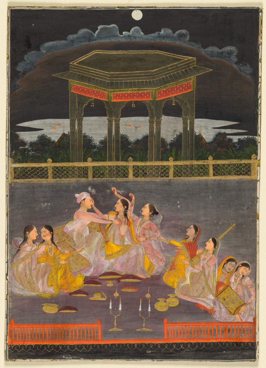 夜のテラスで宮殿の女性とホーリーを祝う王子。逆：四行連の書道、c。 1760（不透明な水彩画と紙に金（recto）、紙にインク、ペルシャの詩の4行（verso）） 作： ムガール学校