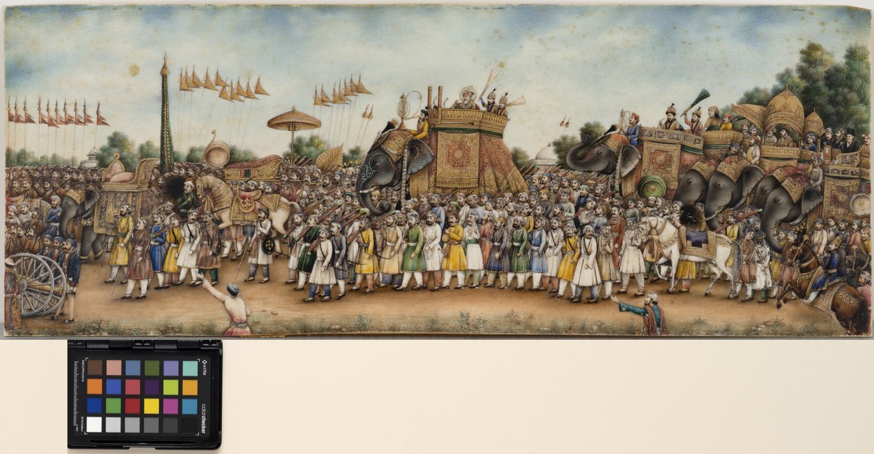 アクバル2世は、1835年頃の巨大な行列で象に乗ります（不透明な水彩画と象牙の金） 作： ムガール学校