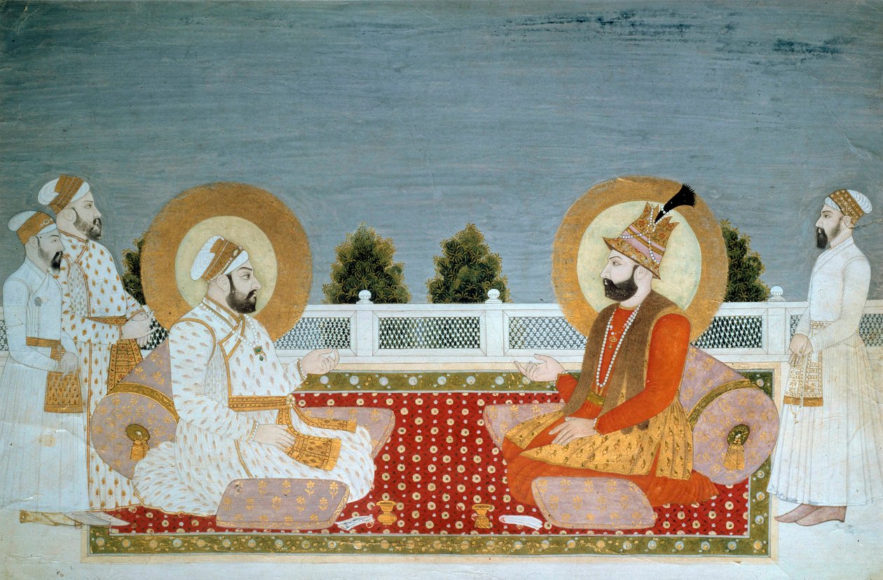 インドのアート"ムハンマド・シャー（1702-1748）インド皇帝とナディール・シャー（1688-1747）イラン国王の表現" ムゴレ派のミニチュア、ムハンマド・シャー（西暦1526-1858）、日。0,21x0,31 m - パリ、ギメ美術館、国立アジア美術博物館 - M 作： ムガール学校