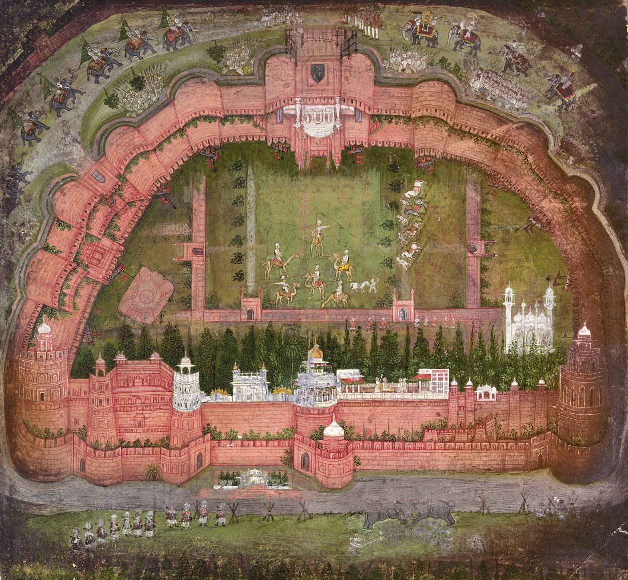 The Red Fort、Agra、Johnson Album VII no.1 numbered 11、c.1750（紙にガッシュ） 作： ムガール学校