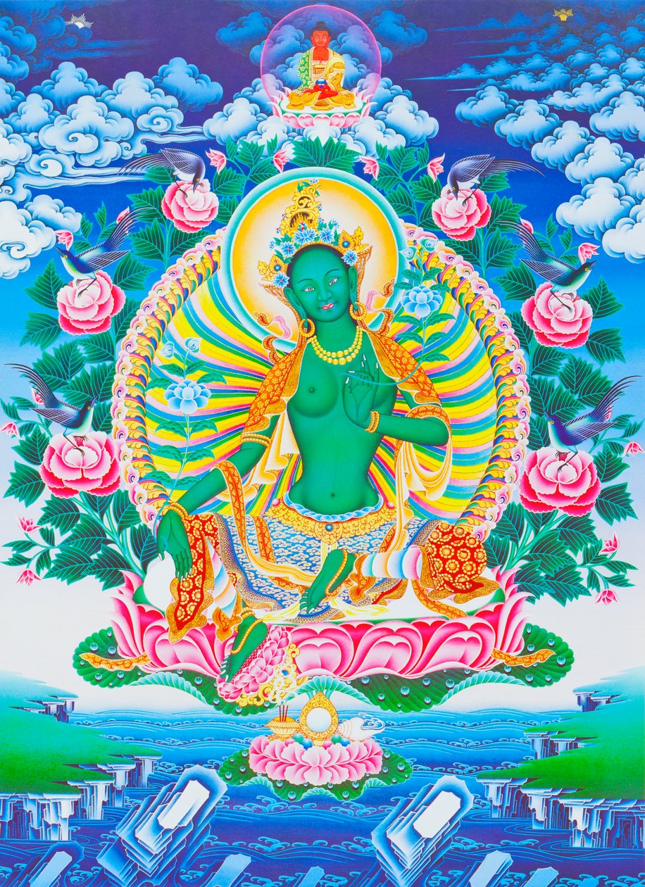 存在の海のすべての危険から母体を保護する緑のタラを描いた画像 (布にグワッシュ) 作： 学校ネパール