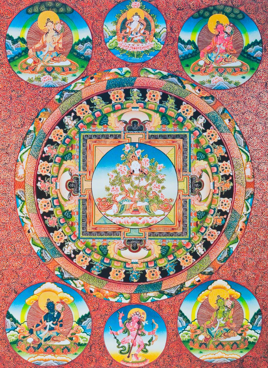 Valkoinen Tara Mandala; buddhalaisen panteonin seitsemänsilmäinen naisjumala, joka edustaa myötätunnon jumalatarta ja ihmisten suojelijaa (guassi kankaalla) 作： 学校ネパール