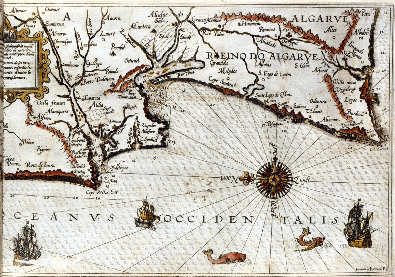 1592年にライデンで印刷されたLuca J. Waghenaer Treesor of zeevaertのポーチュランにちなんで、ポルトガルの端にあるサグレス岬（または聖なる岬）を描いたもの。 作： オランダの学校