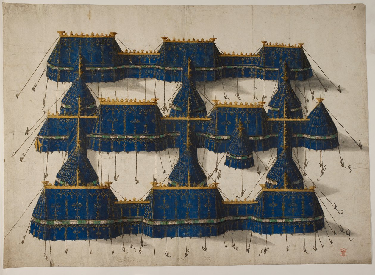 青と金の王室のパビリオンのデザイン、1520年頃（ベラム） 作： オランダの学校