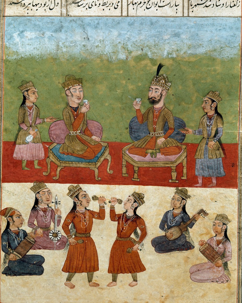 イスラム美術：ハレムでのコンサートや娯楽。フェルダウシ（Ferdawsi, or Firdousi, ca. 940-around 1020）の叙事詩「シャーナメ」（Shah Nama, Shahnama）（王の書）の写本からのペルシャ語の細密画 作： 学校ペルシア語