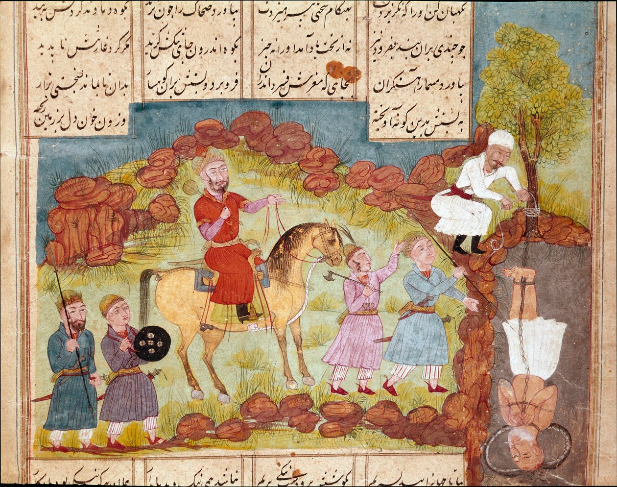 イスラム美術：敵を拷問し、木の根元に生き埋めにするシーン。フェルダウシ（Firdawsi, or Ferdawsi, or Firdousi, ca. 940-around 1020）の叙事詩「シャーナメ」（Shah Nama, Shahnama）（王の書）の写本に描かれたペルシャの細密画。 作： 学校ペルシア語