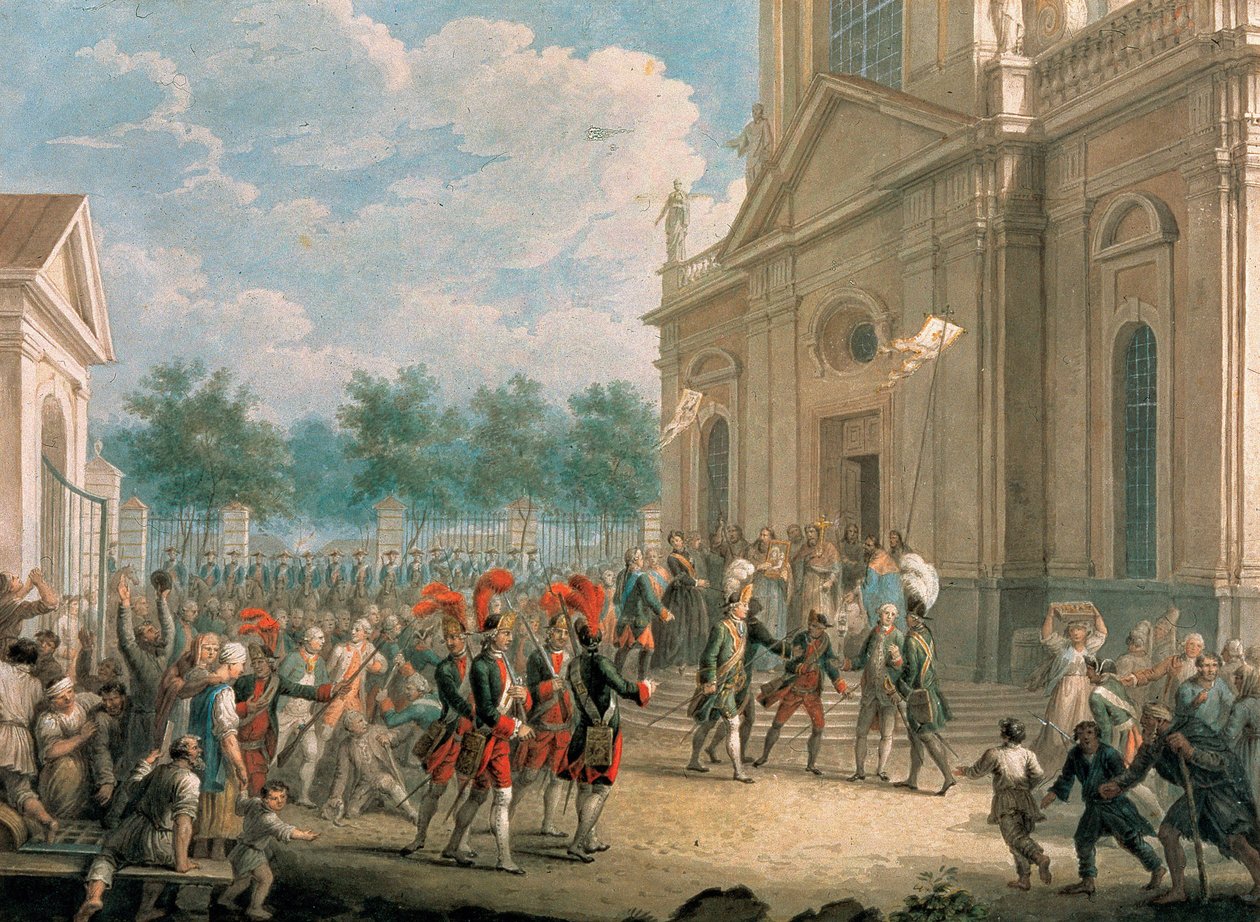 1762 年 6 月 28 日、カザン大聖堂 (サンクトペテルブルク) の階段でエカテリーナ 2 世 (1729-1796) が王位に就いた日、聖職者に歓迎された。 o の日に聖職者によって 作： 学校ロシア語