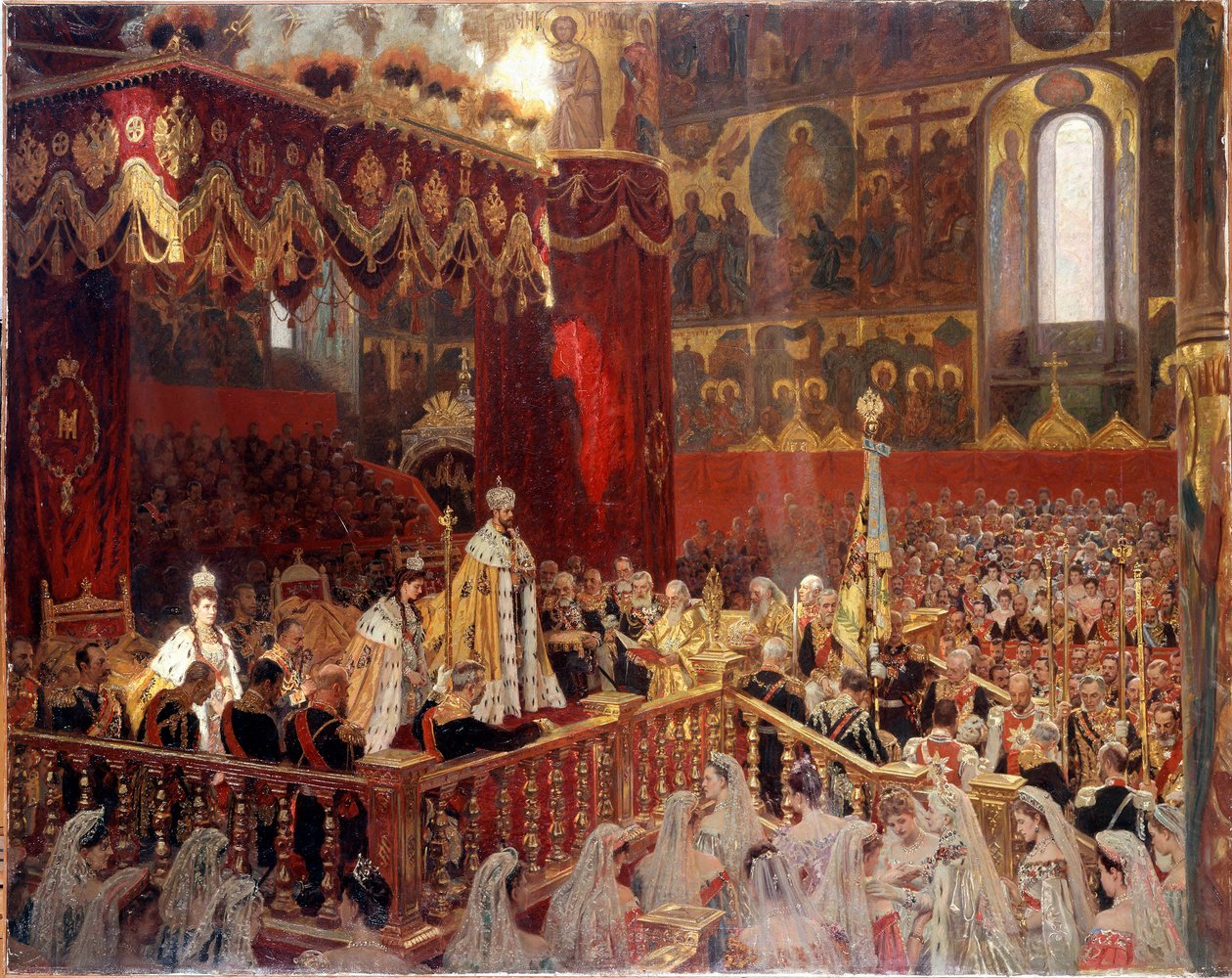 1896年、モスクワのオーセンスキー大聖堂でのニコライ2世の戴冠式 - 匿名のロシア絵画 作： 学校ロシア語
