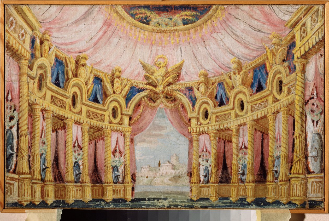 吹き抜けのあるホール。 演劇の準備装飾。 ロシアの巨匠の作品、キャンバスに描かれたテンペラ 作： 学校ロシア語