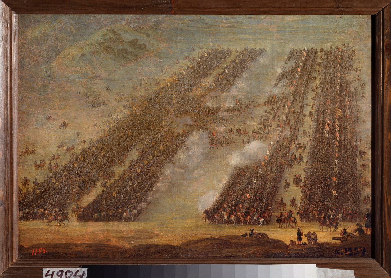 1709 年 7 月 8 日のポルタヴァ (プルタワ) の戦い。 (大北方戦争 (1700-1721)、ロシア国ピョートル 1 世 (1672-1725) の軍とカール (カール) 12 世の軍) の間の騎兵隊の衝突。スウェーデン (1682-1718) の絵画 作： 学校ロシア語