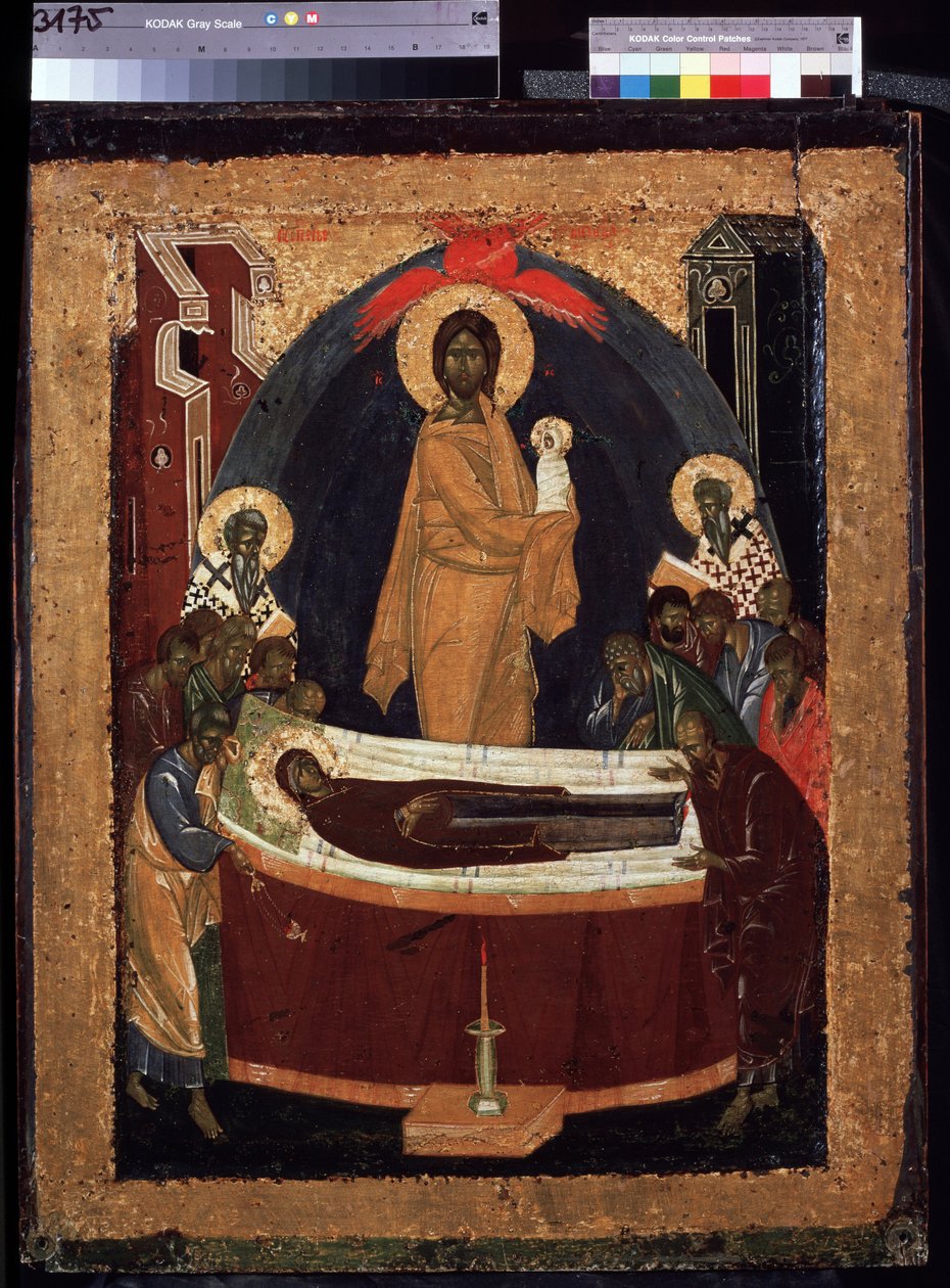 ヴィンテージ、ロシア「ネルリ河畔の生神女庇護聖堂」吊り下げアート装飾 聖母の生神女就寝。 聖母の死は、使徒たちに囲まれたベッドの上に