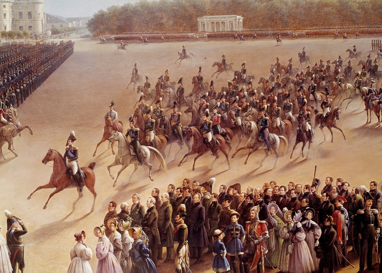 シャンゼリゼ通りのパレード、手前は馬に乗ったアレクサンドル・プーシキン（プーシキン）（1799-1837）とニコライ1世（1796-1855）が馬車に乗ってインペラトリスの前を通っていく、パリでのパレード 詳細を見るロシア派の絵画。1825-1830.サンクトペテルブルク、M 作： 学校ロシア語