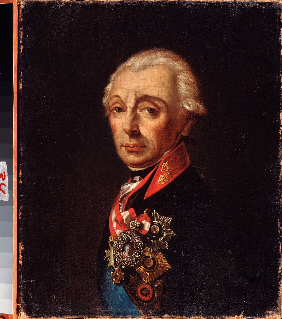 元帥大元帥王子アレクサンドル・スボーロフ (1729-1800) の肖像画。 ロシアの巨匠による絵画、キャンバスに油彩、18 世紀後半。 極東美術館、ハバロフスク (ロシア)。 作： 学校ロシア語