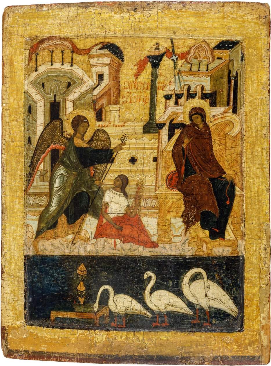 ロシアのイコン「受胎告知」。パネルにテンペラ 16世紀中頃 スズダリ