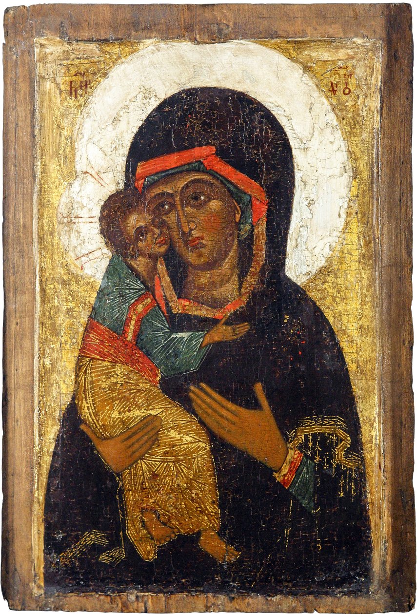 ロシアのアイコン：ウラジーミルの聖母。パネルにテンペラ 15世紀前半 スズダリ歴史・美術博物館蔵 作： 学校ロシア語