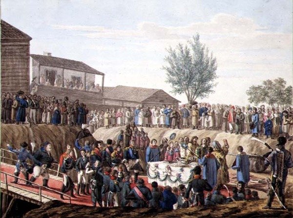 1820年、モヒロフの税関の最初の石を据える様子（水彩・紙） 作： 学校ロシア語