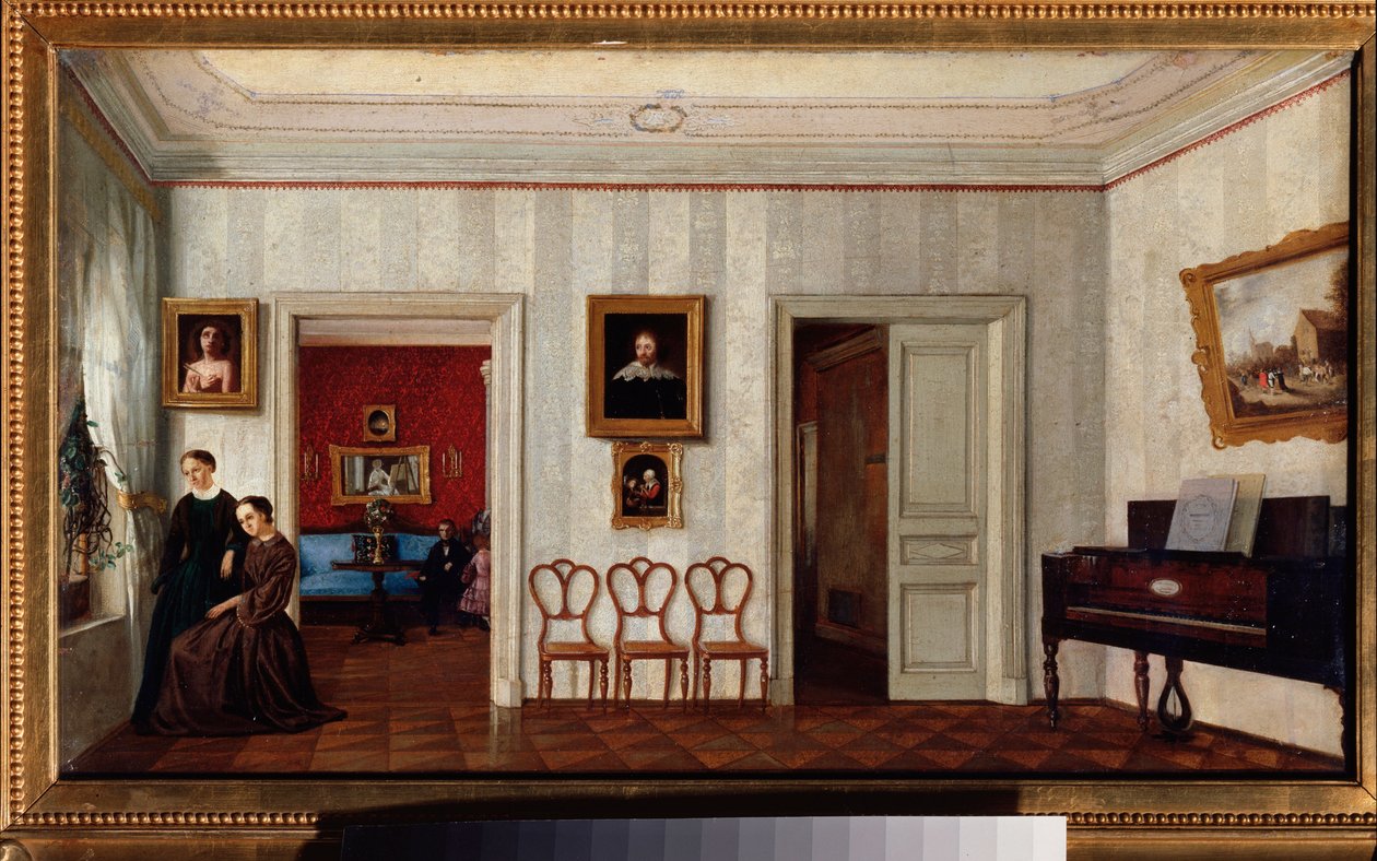 ピアノのある小さな部屋。 （そして窓の外を見ている二人の女性）。 ロシアの巨匠による絵画、キャンバスに油彩、19 世紀半ば。 国立トレチャコフ美術館、モスクワ。 作： 学校ロシア語