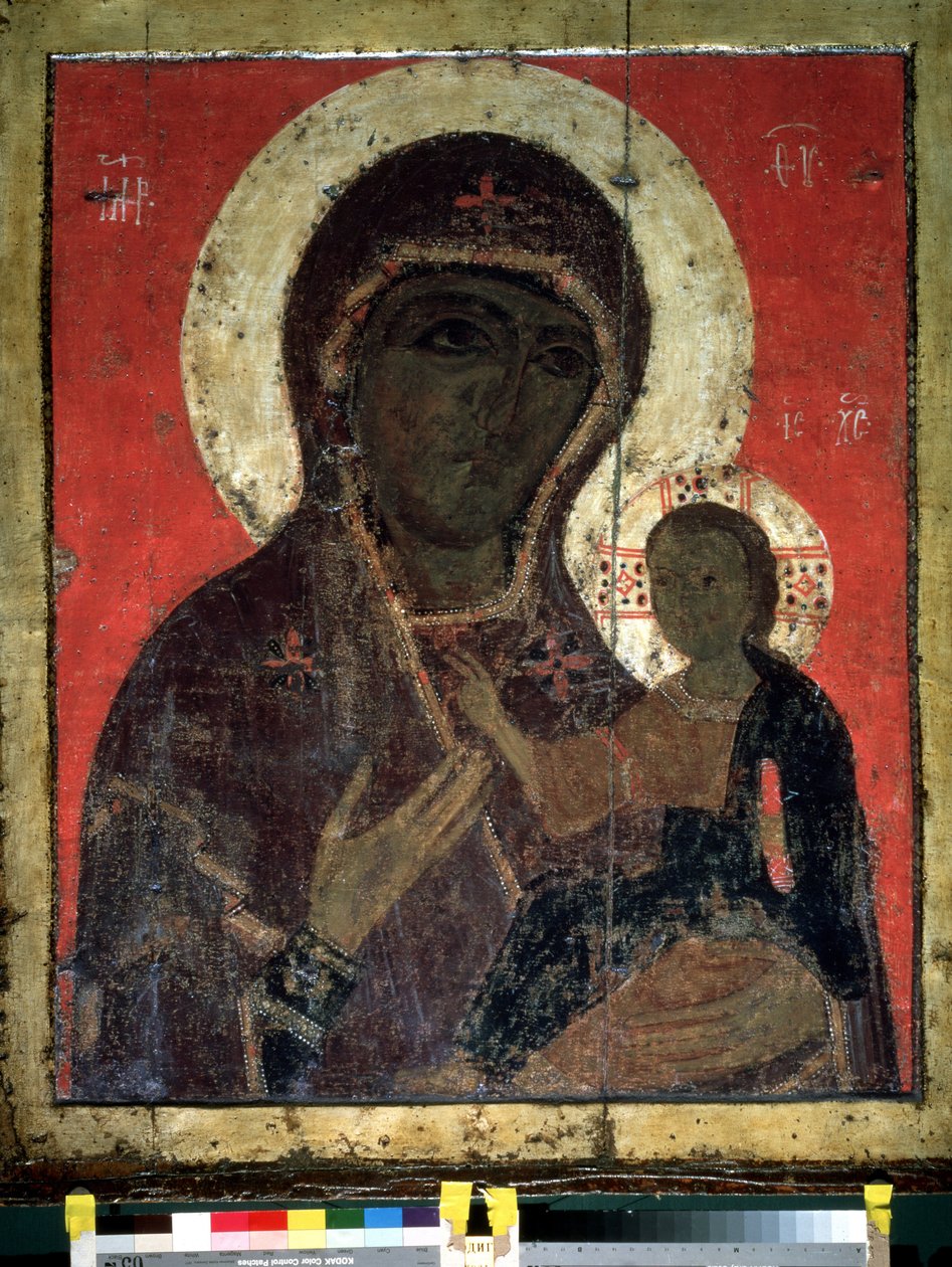 「処女ホデゲトリア（Hodigitria）」 ロシアのイコン。 13世紀の木版画。 国立トレチャコフ美術館、モスクワ 作： 学校ロシア語