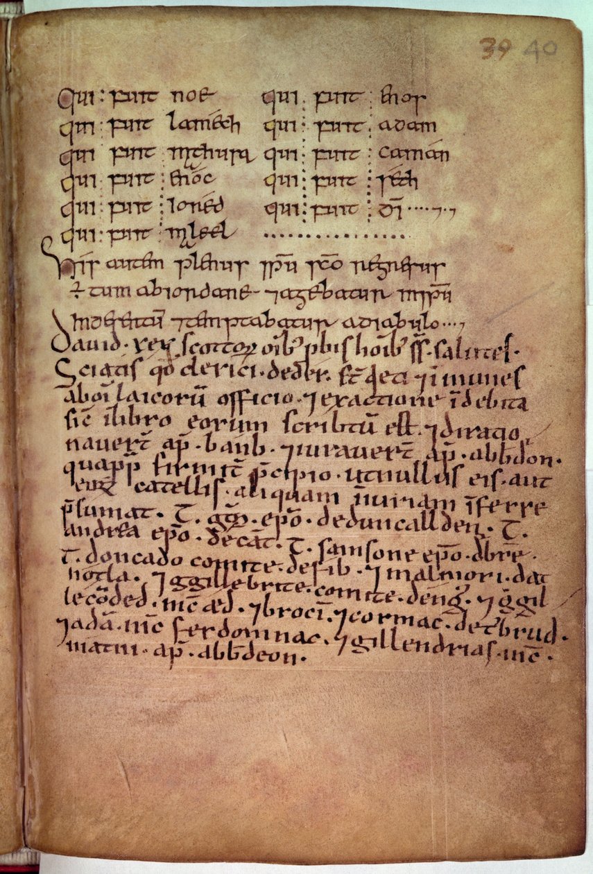 「鹿の書」からダビデ王（1084-1183）によって鹿の聖職者に発行されたMs 11.6.32チャーター 作： スコットランドの学校