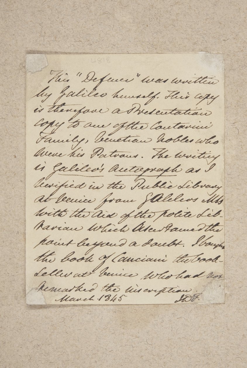 ガリレオ作、1845年、ディフェサの前面板に貼り付けられたメモ（紙にペンとインク） 作： スコットランドの学校