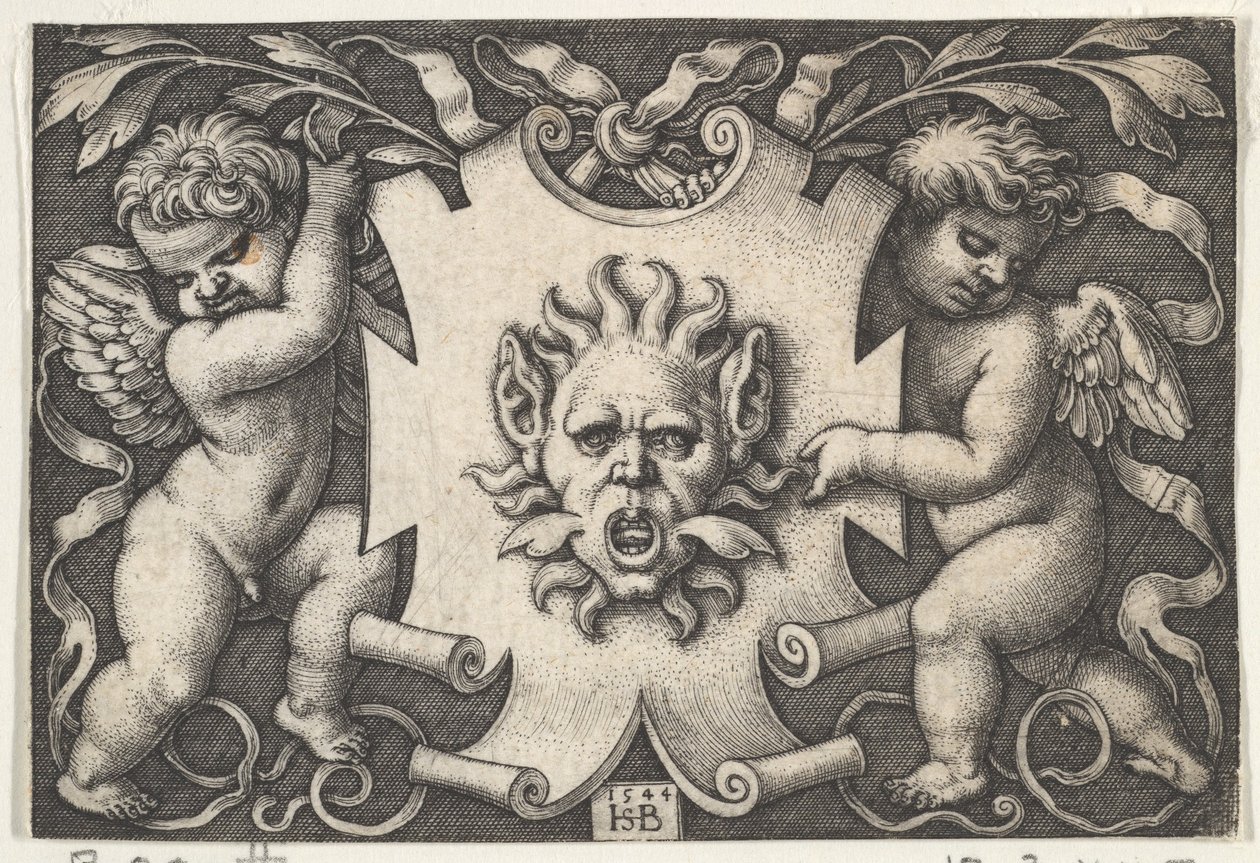 2 つの精霊に支えられたエスカッションの仮面、1544 年。 作： Sebald Beham