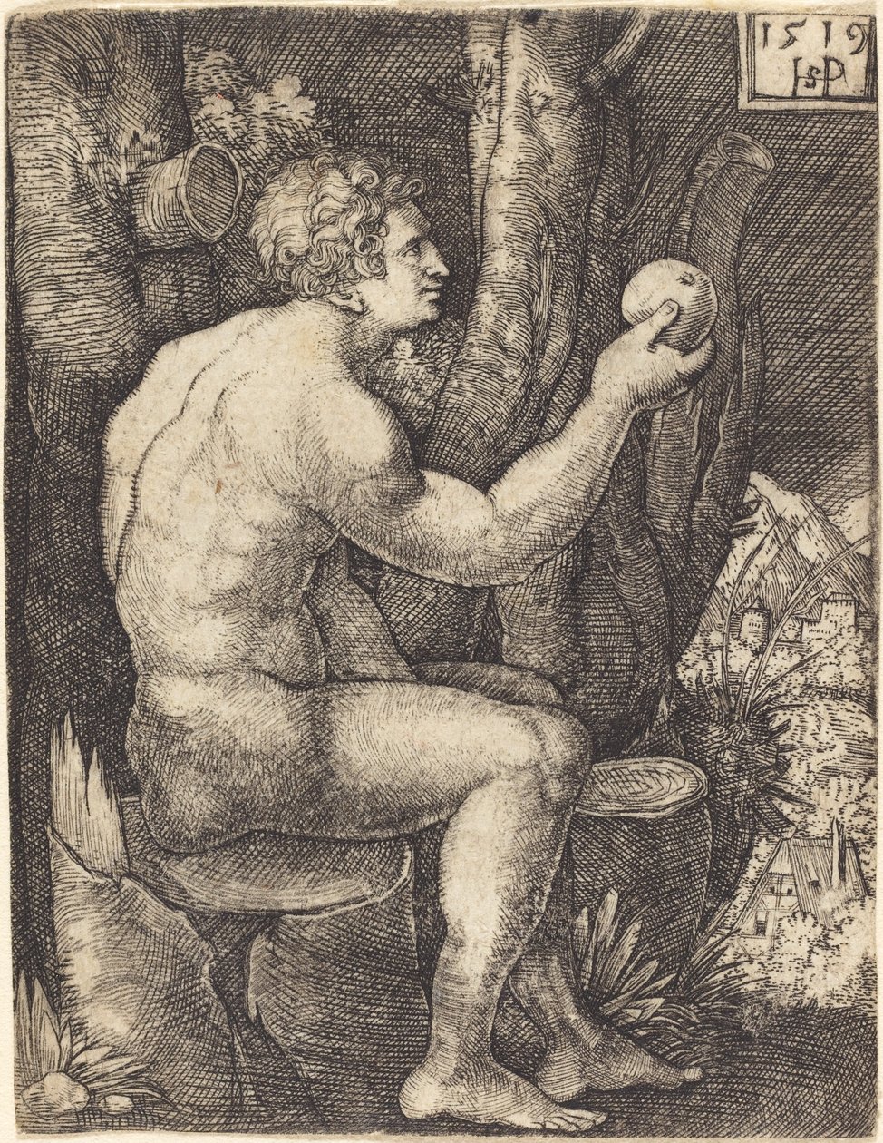 着席したアダム 作： Sebald Beham