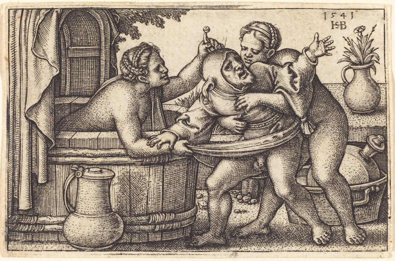 ピエロと入浴する 2 人の女性 作： Sebald Beham