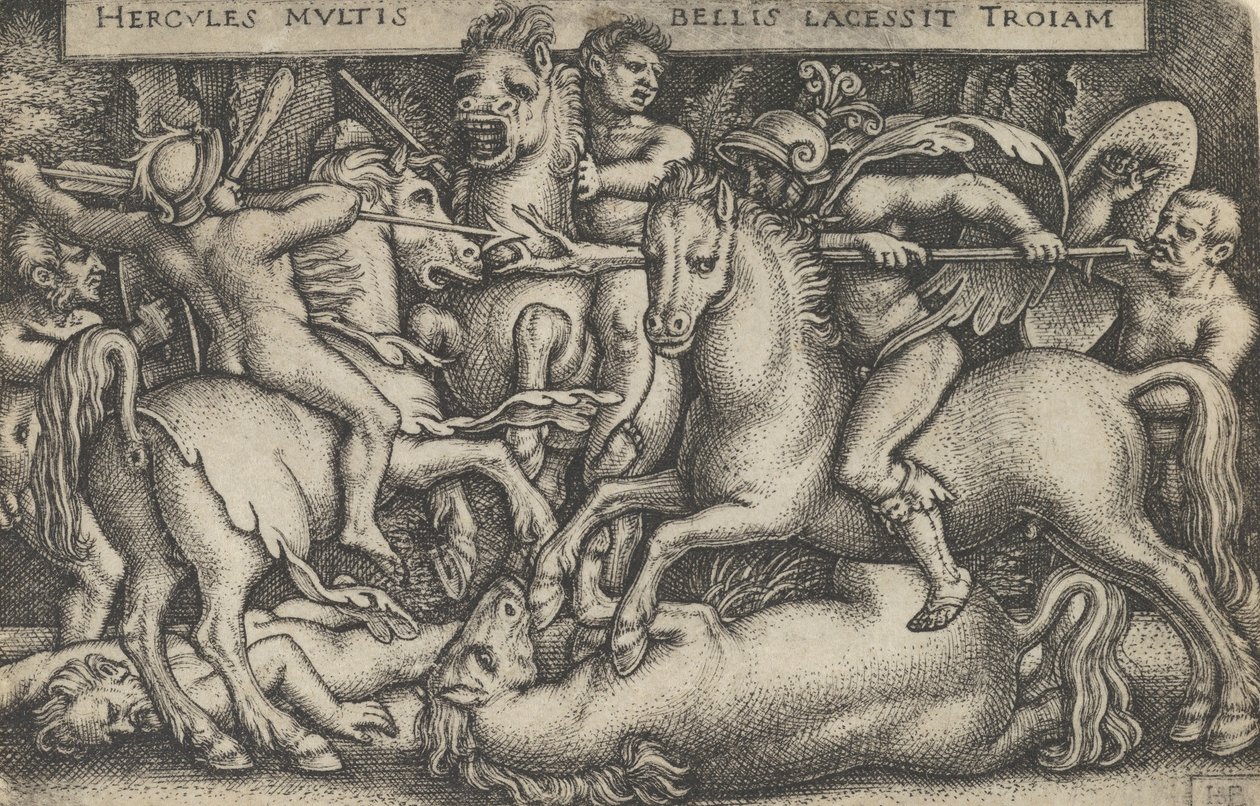 トロイの木馬と戦うヘラクレス、ヘラクレスの労働、1545年から。 作： Sebald Beham