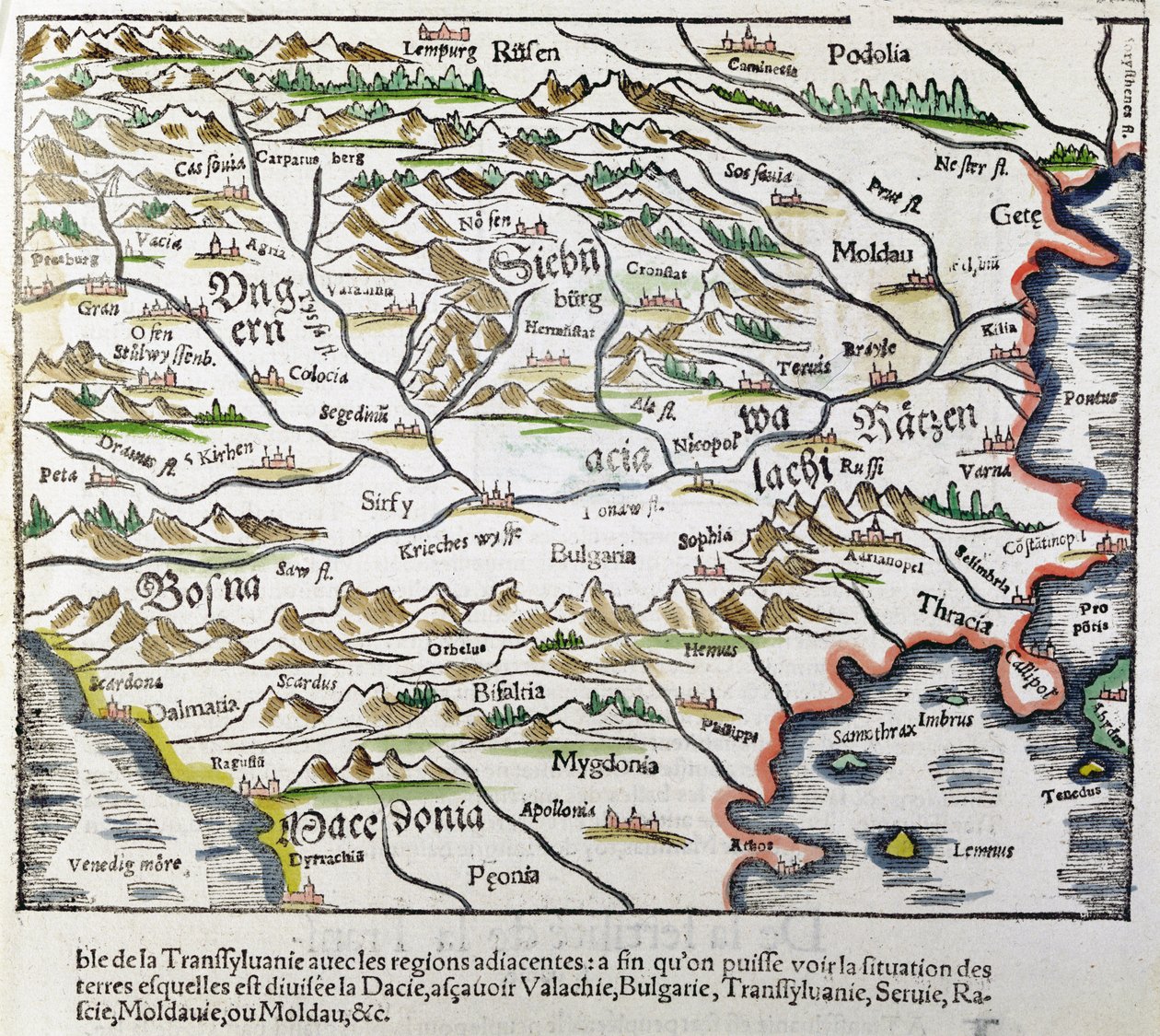 1555年に公開された「Cosmographia Universalis」の中央ヨーロッパの地図（カラーの木版画） 作： セバスチャン・ミュンスター