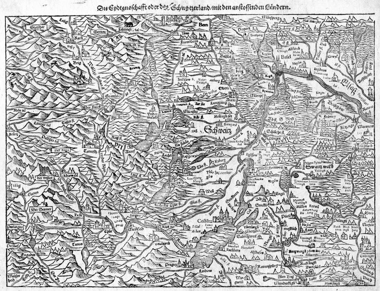 セバスチャンミュンスターによるスイスの古地図、1550 作： セバスチャン・ミュンスター