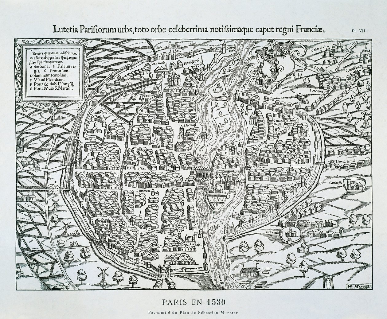 1530年頃のパリの都市計画図（木版画 作： セバスチャン（後）ミュンスター