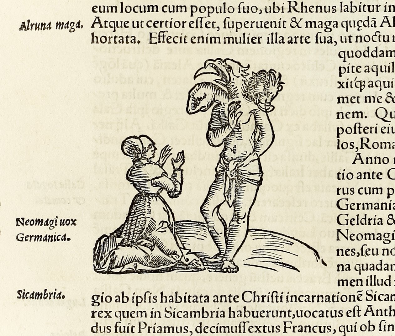 魔女が3つの頭を持つ悪魔を召喚している様子（1550年版セバスチャン・ミュンスター著「コスモグラフィア」より）（木版画 作： セバスチャン・ミュンスター