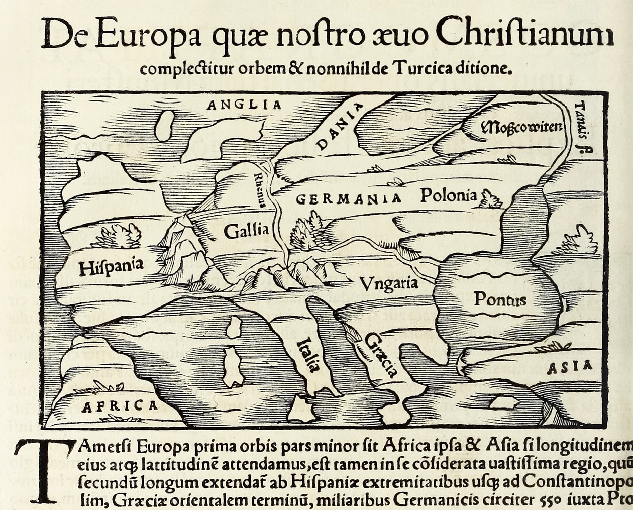 De Europa, quae nostro aeuo Christianum」クリスチャン・ヨーロッパの地図、1550年版セバスチャン・ミュンスター著「コスモグラフィア」より（木版画 作： セバスチャン・ミュンスター