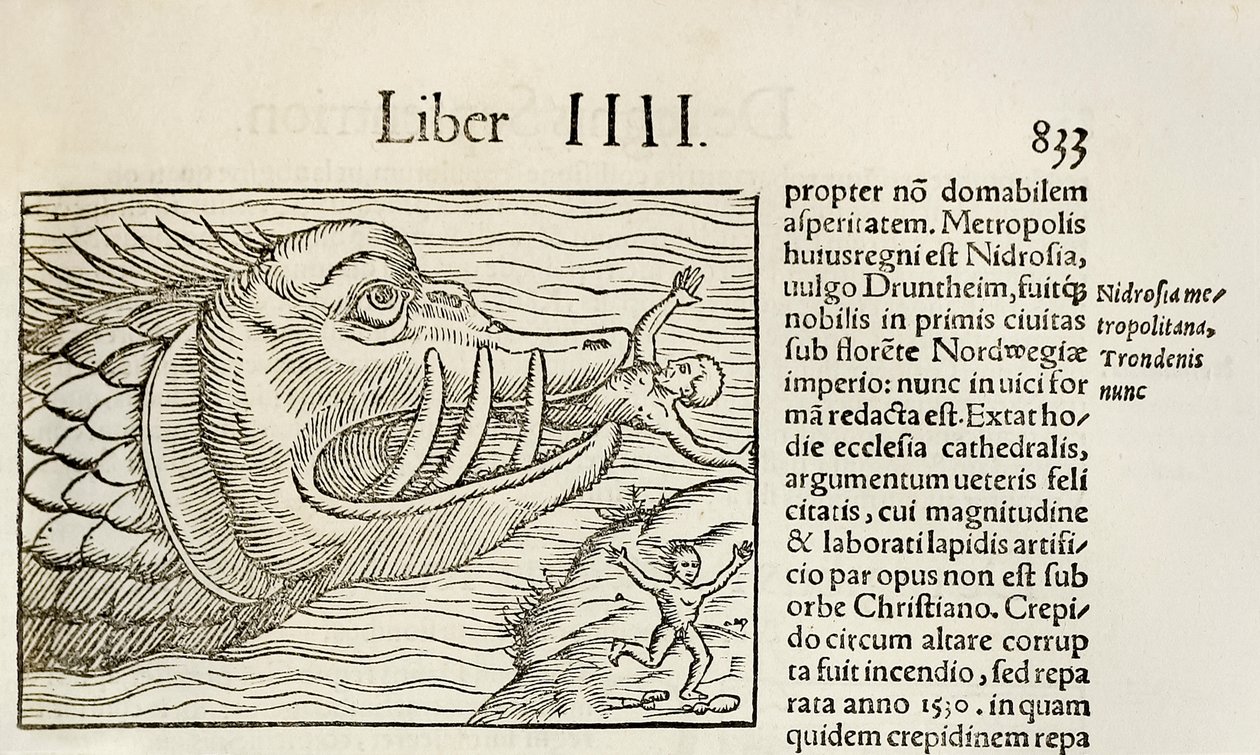 怪物のようなクジラが人間を食べている様子（1550年版「Cosmographia by Sebastian Munster」より）（木版画 作： セバスチャン・ミュンスター