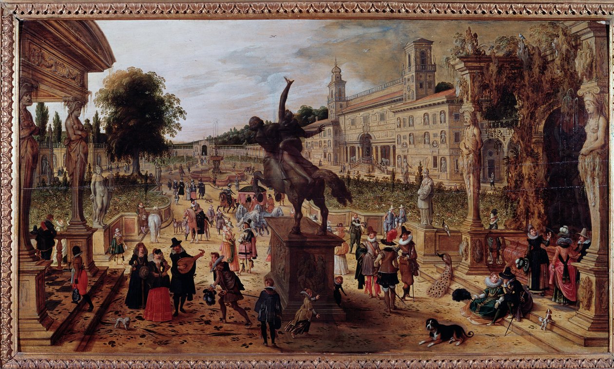 イタリア・ローマのヴィラ・メディシスのある風景 (Landscape with villa Medicis, Rome, Italy) 公園の優雅な散歩者や音楽家たち - セバスチャン・ヴランク(1573-1647)の絵画 17世紀 - ナポリ・カポディモンテ国立美術館 作： セバスチャン・ヴランクス