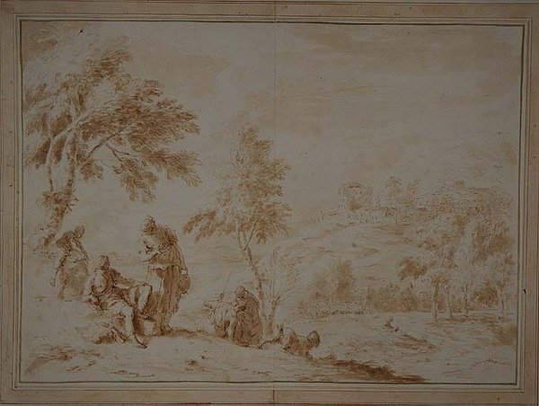 丘陵地のある広大な牧歌的風景、1720年頃（茶色のインク＆ウォッシュ） 作： セバスティアーノ・リッチ
